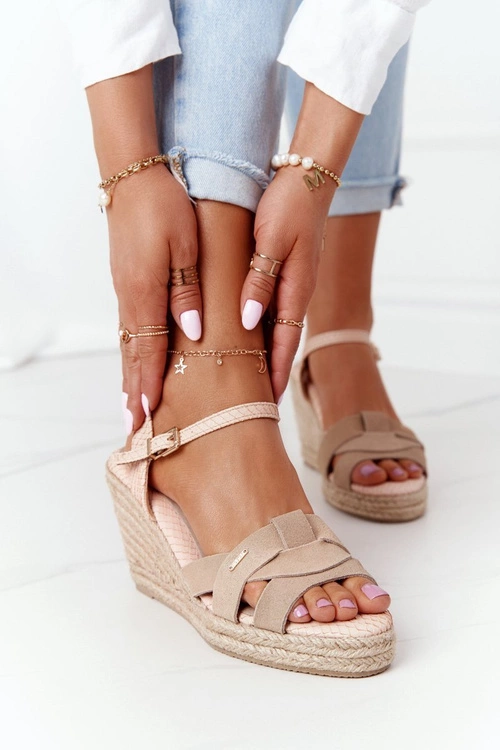 Skórzane Sandały Na Koturnie Big Star HH274380 Beżowe