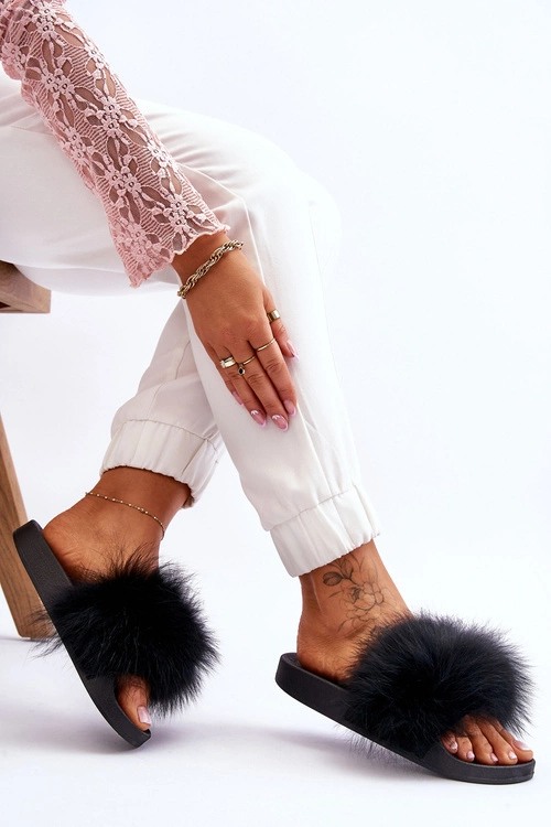 Damskie Gumowe Klapki Z Futerkiem Czarne Lucrece