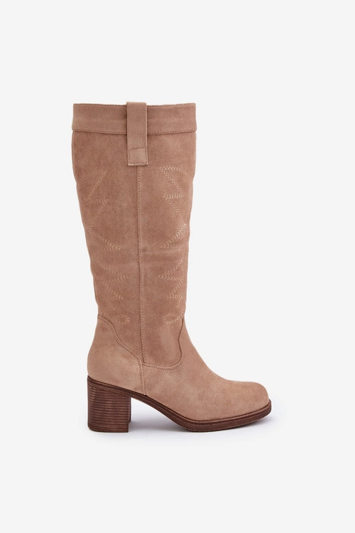 Kozaki Damskie Na Słupku Przed Kolano Beżowe Erisorae