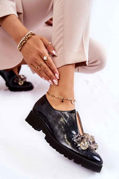 Eleganckie Lakierowane Półbuty Z Ozdobą Czarno-Szare Cindy