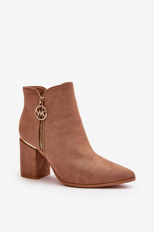 Botki Damskie Na Słupku Z Noskami W Szpic Eko Zamszowe Ocieplane Brązowe Raisha