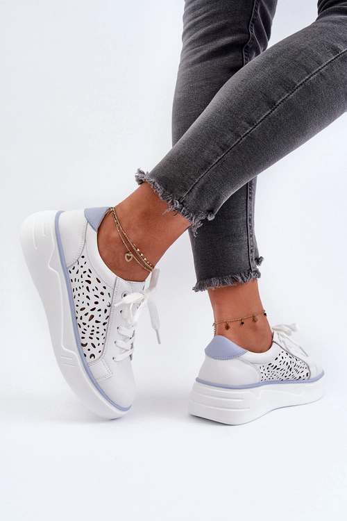 Ażurowe Sneakersy Damskie Na Platformie Skórzane Białe Peilaeno