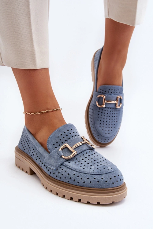 Mokasyny Damskie Ażurowe Z Ozdobą Niebieskie Talesse