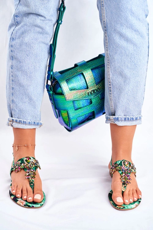 Sandałki Damskie Eleganckie Japonki Kryształki Zielone Under Control