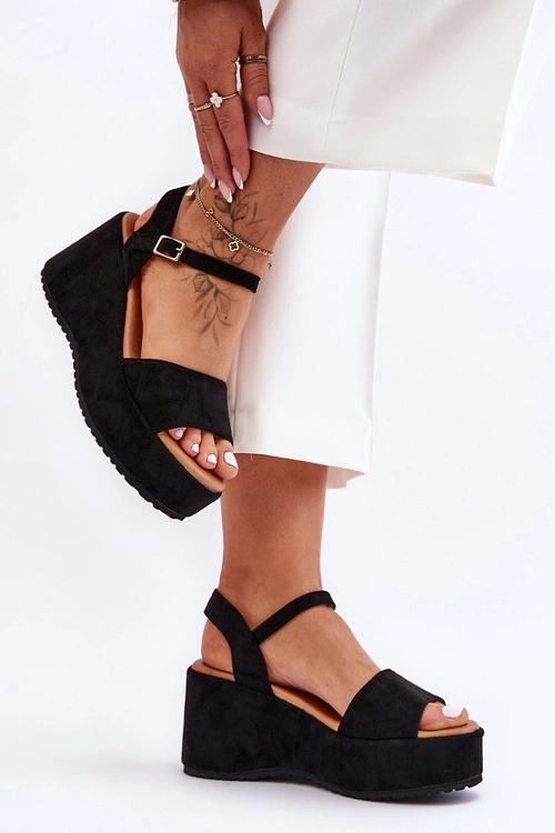 Damskie Zamszowe Sandałki Na Koturnie Czarne Lydia