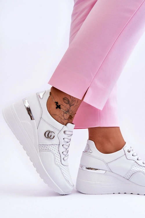 Damskie Skórzane Buty Sportowe Na Koturnie Biało-Srebrne Rebeca