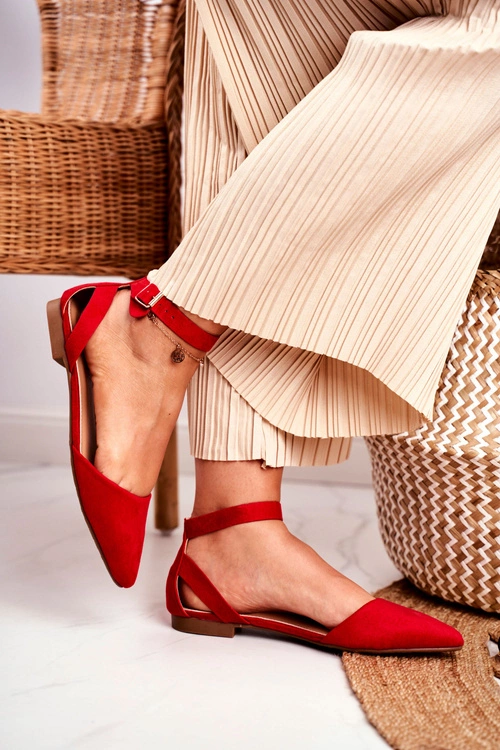 Baleriny Damskie Płaskie Czerwone Na Pasek W Szpic Allison