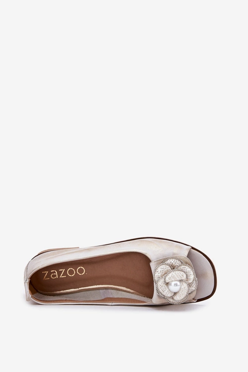 Skórzane Baleriny Z Odkrytymi Palcami I Kwiatem Zazoo 1870 Złoty Przecierany