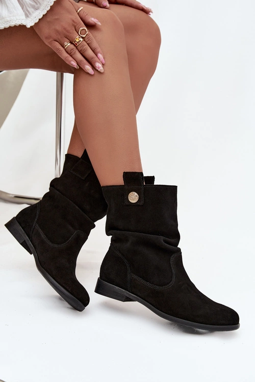 Skórzane Zamszowe Botki Damskie Z Marszczeniem Ocieplane Zazoo 4210 Czarne