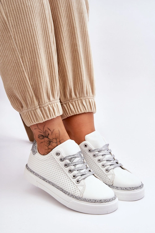 Niskie Damskie Trampki Z Perforacją Biało-Srebrne Daxton
