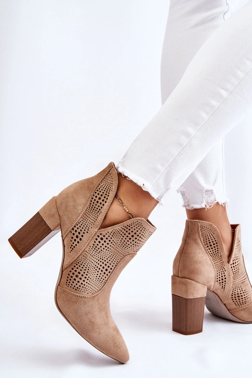 Ażurowe Zamszowe Botki Na Obcasie Beżowe Leanna