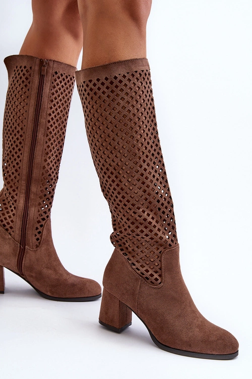Ażurowe Kozaki Na Obcasie Zamszowe Brązowe Jolenna