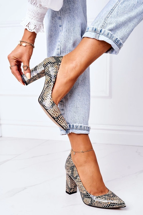 Skórzane Czółenka Ze Zwierzęcym Wzorem Lewski Shoes 2453 Czarno-Beżowe