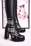 Damskie Botki Na Słupku W Kratę Czarne Blair