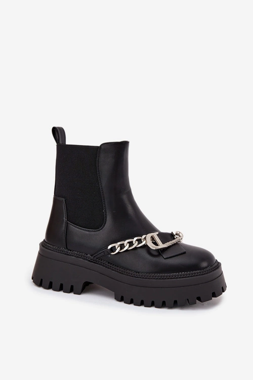 Botki Damskie Na Platformie Z Łańcuchem Czarne Marvella