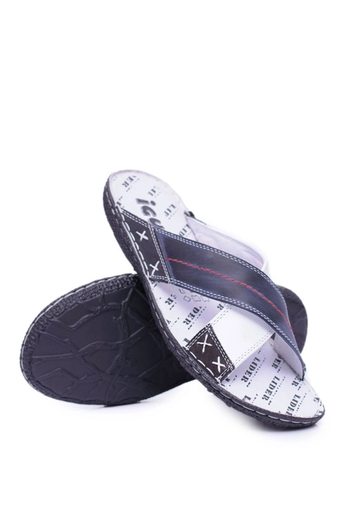 Granatowe Lekkie Skórzane Męskie Klapki Okay