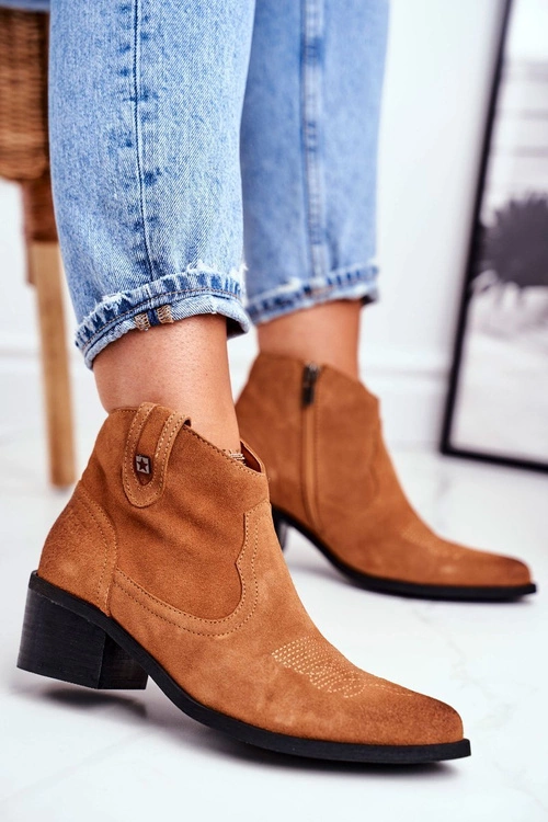 Botki Damskie Na Słupku Skórzane Big Star Camel GG274330