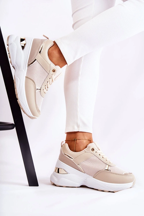 Damskie Błyszczące Buty Sportowe Na Koturnie Beżowe Activity