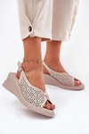 Skórzane Ażurowe Sandały Damskie Na Koturnie Vinceza 79529 Beżowe