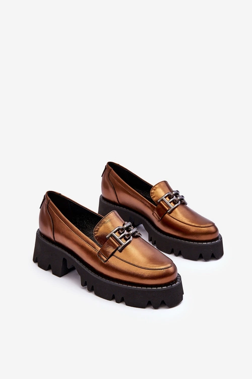 Damskie Skórzane Półbuty Loafersy Z Ozdobą Laura Messi 2699 Złote