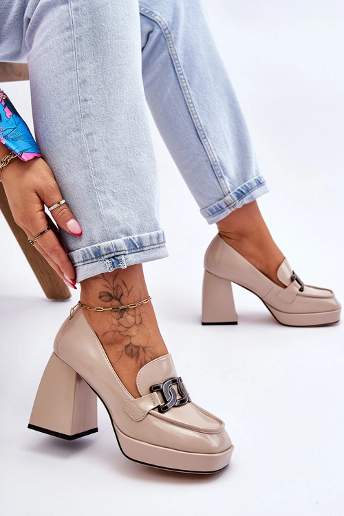 Skórzane Czółenka Na Masywnym Obcasie Beżowe Maximo