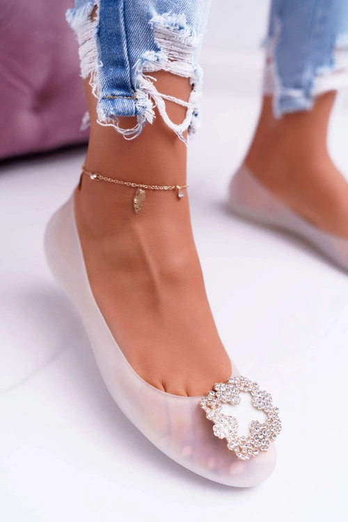 Lu Boo | Białe Gumowe Balerinki Meliski Cyrkonie Palita