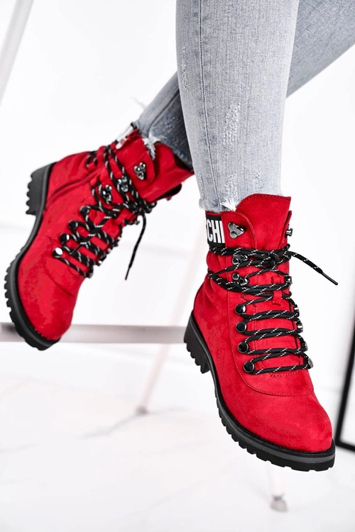 Botki Damskie Płaski Obcas Na Suwak Czerwone Popsi