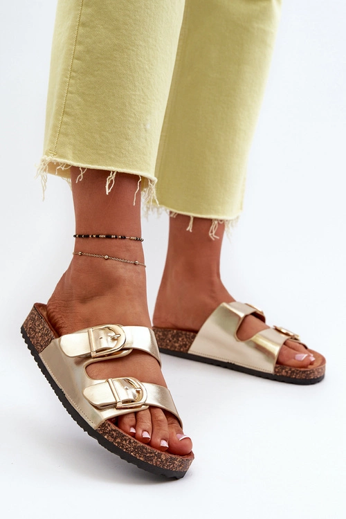 Damskie Klapki Na Korkowej Platformie Z Paskami Złote Doretta