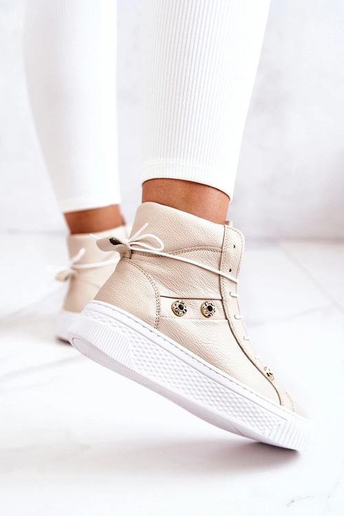 Botki Wysokie Trampki Skórzane Beżowo-Białe Ashlee