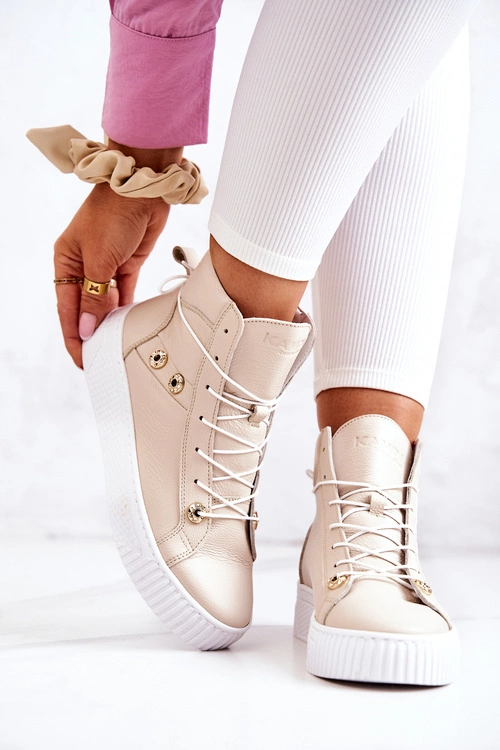 Botki Wysokie Trampki Skórzane Beżowo-Białe Ashlee