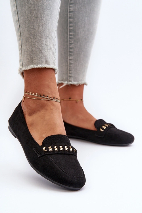 Błyszczące Mokasyny Damskie Z Łańcuchem Czarne Aredilla