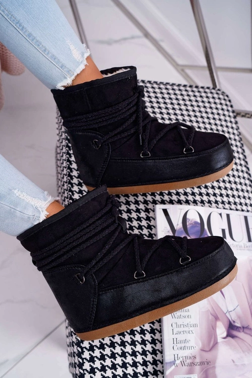 Damskie Botki Śniegowce Ocieplane Futerkiem Czarne Veme
