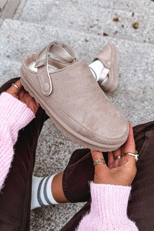 Damskie Kapcie Ocieplane Futerkiem Na Platformie Beżowe Azida