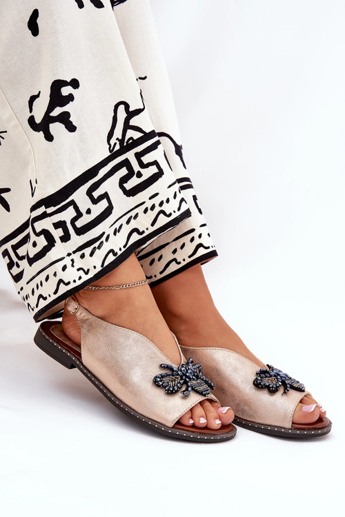 Połyskujące Sandały Damskie Z Ozdobą Płaskie Różowe Złoto Russona