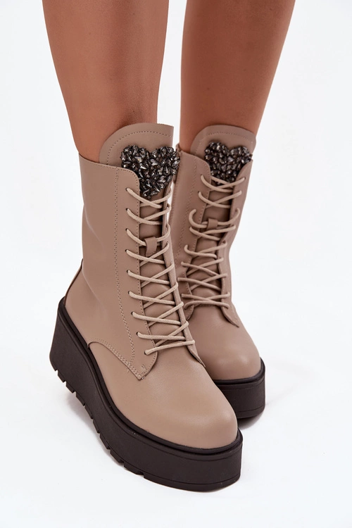 Skórzane Botki Damskie Z Ozdobą Ocieplane Beżowe Ulrika