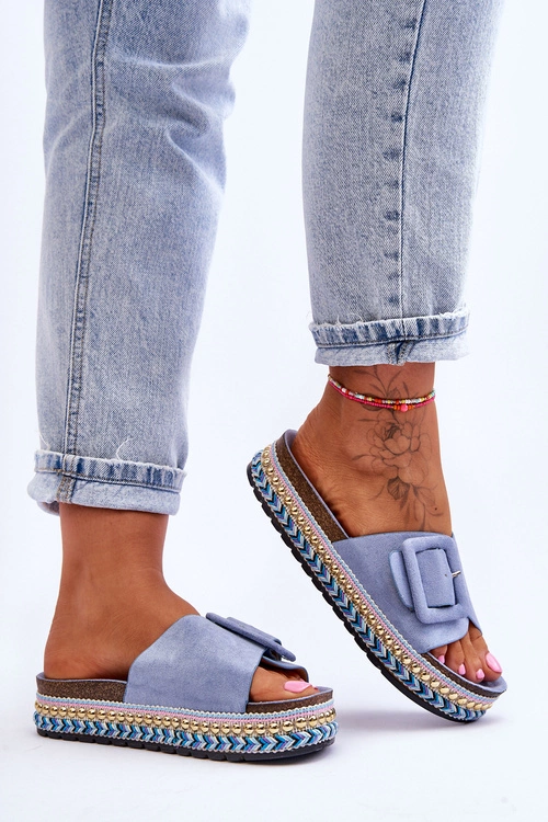 Damskie Klapki Na Zdobionej Platformie Niebieskie Joyce