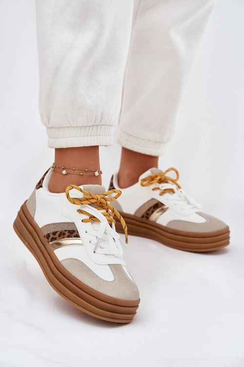 Sneakersy Damskie Na Platformie Z Podwójnym Sznurowaniem Panterka Białe Niteria