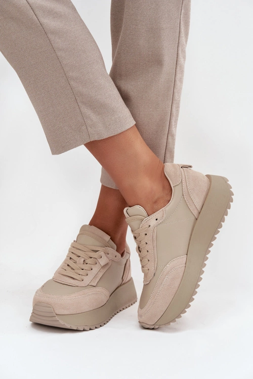 Skórzane Sneakersy Damskie Na Platformie Artiker 55C0021 Beżowe
