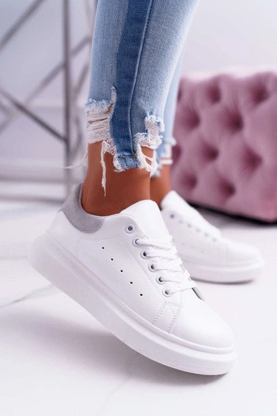 Sportowe Damskie Buty Gruba Podeszwa Białe Szare Skirt