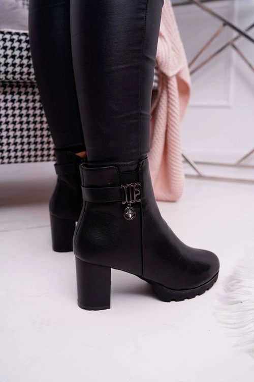 Damskie Botki Na Słupku Ocieplane Czarne Teleni