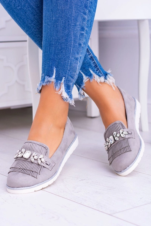 Szare Zamszowe Mokasyny z Kryształami Vivaro