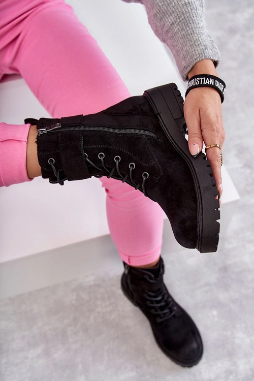 Damskie Botki Zamszowe Sznurowane Na Płaskim Obcasie Czarne Firmina