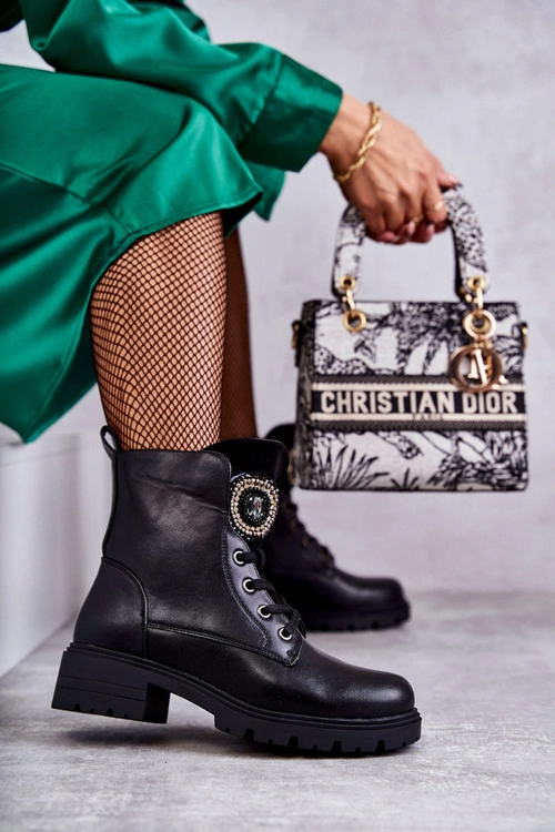 Ocieplane Skórzane Botki Z Ozdobą Czarne Blandi