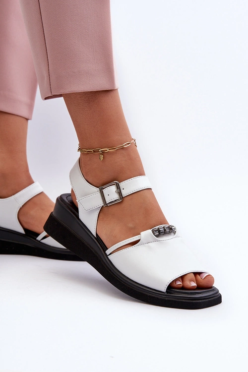 Skórzane Sandały Damskie Na Koturnie Vinceza 66624 Białe