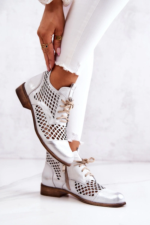 Zazoo 2704 Skórzane Ażurowe Botki Biało-Srebrne