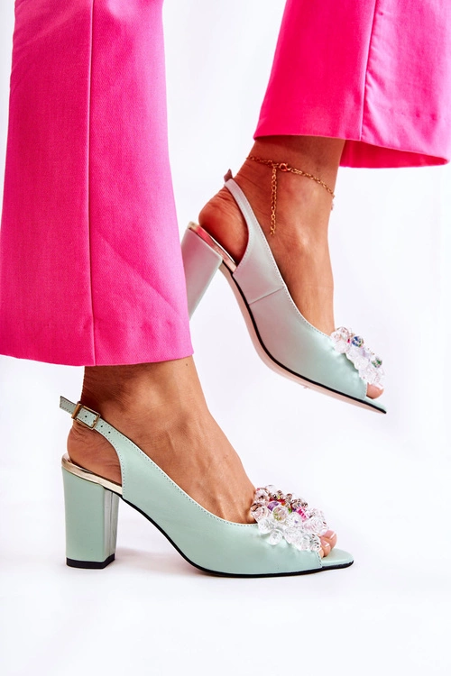 Skórzane Modne Czółenka Sandały Z Ozdobą Zielone Meriss