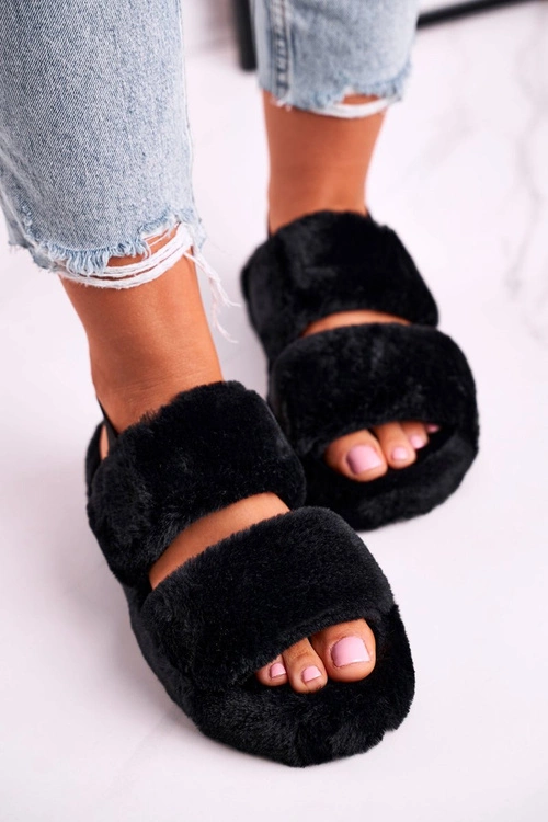 Papcie Damskie na Platformie Futrzane Czarne Cotton Candy