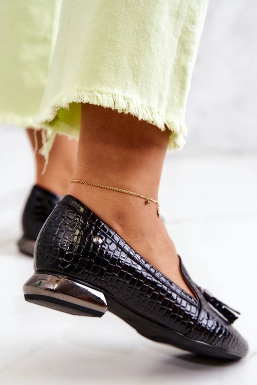 Lakierowane Mokasyny Wzór Krokodyl Z Frędzlami Czarne Pharell