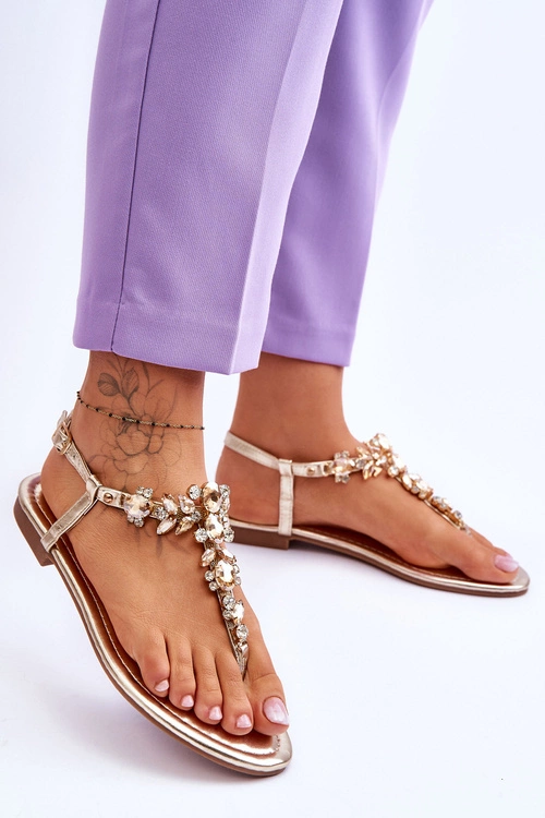 Damskie Sandały Japonki Z Kamieniami Złote Lenisa