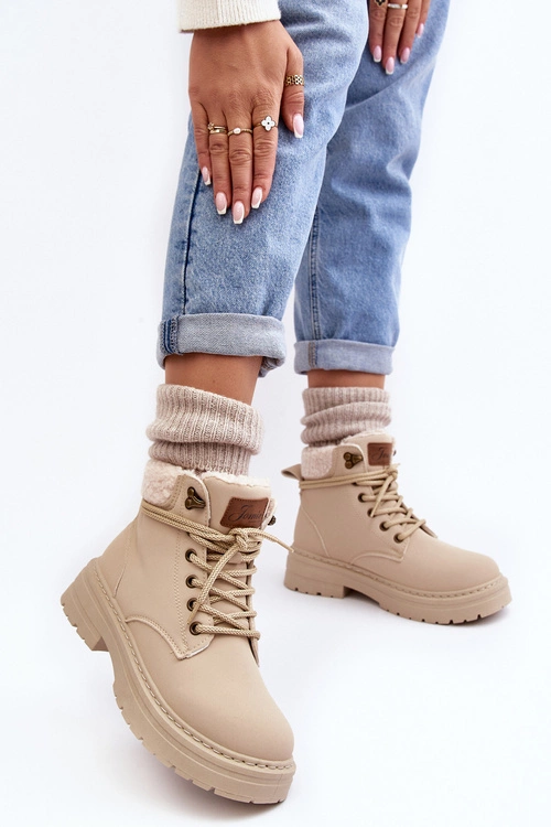 Trapery Damskie Skórzane Z Kożuchem Jasnobeżowe Lynnvia